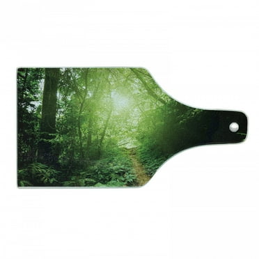 Landscape Cutting Board, Way in the Jungle of MalaysiRainforest Fresh Grass Trees Rural Morning Scenery, Decorative Tempered Glass Cutting and Serving Board, Wine Bottle Shape, Green, by Ambesonne