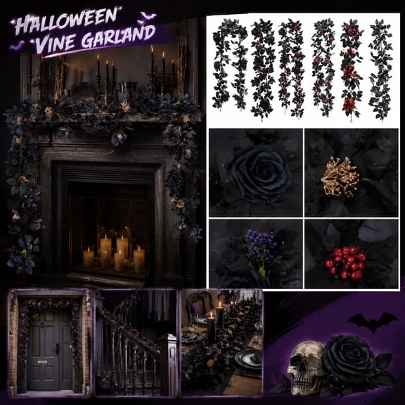 Gothic Black Rose Vine Garland, 68.89in Realistic Faux Flower With Gold Berries, Spooky Accent For Fireplace Mantel Or Halloween Party Backdrop Setup A