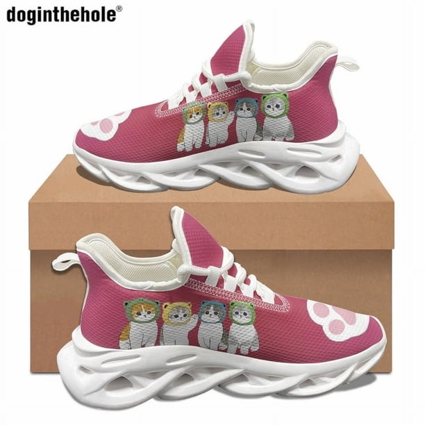 Zapatos planos con estampado de gatito de dibujos animados para mujer, zapatillas deportivas casuales de moda, zapatillas clásicas para correr con cordones