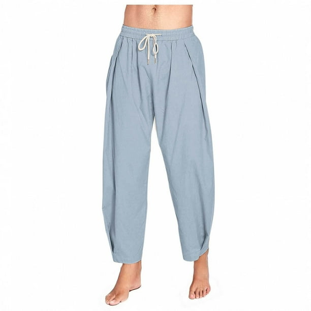 Pantalones largos para hombre, color liso, holgados, informales, con bolsillo, de lino, cintura elástica y cordón ajustable, de poliéster.