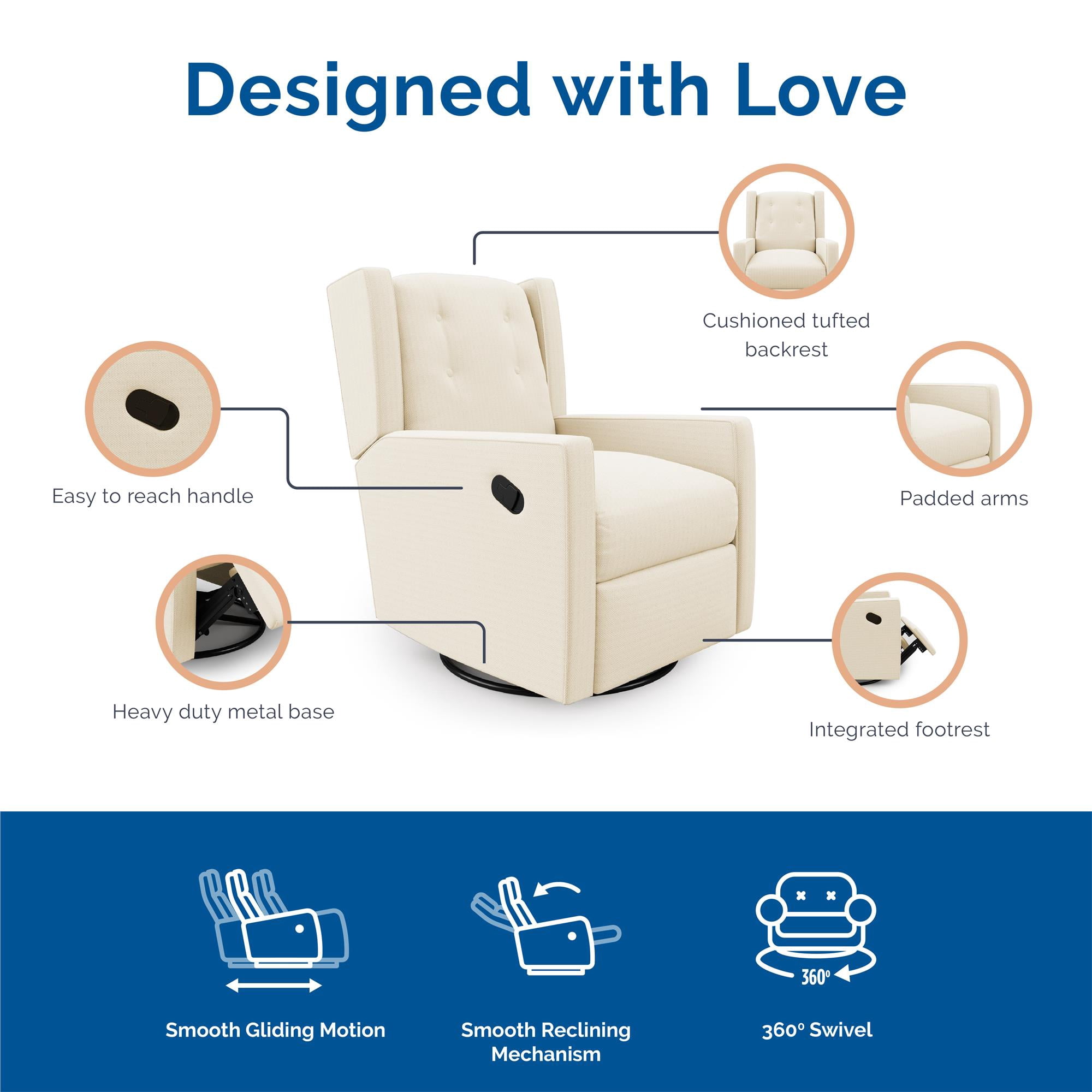 Baby Relax Mikayla 4-in-1 Nursery Swivel Glider Rocker Recliner, White Linen