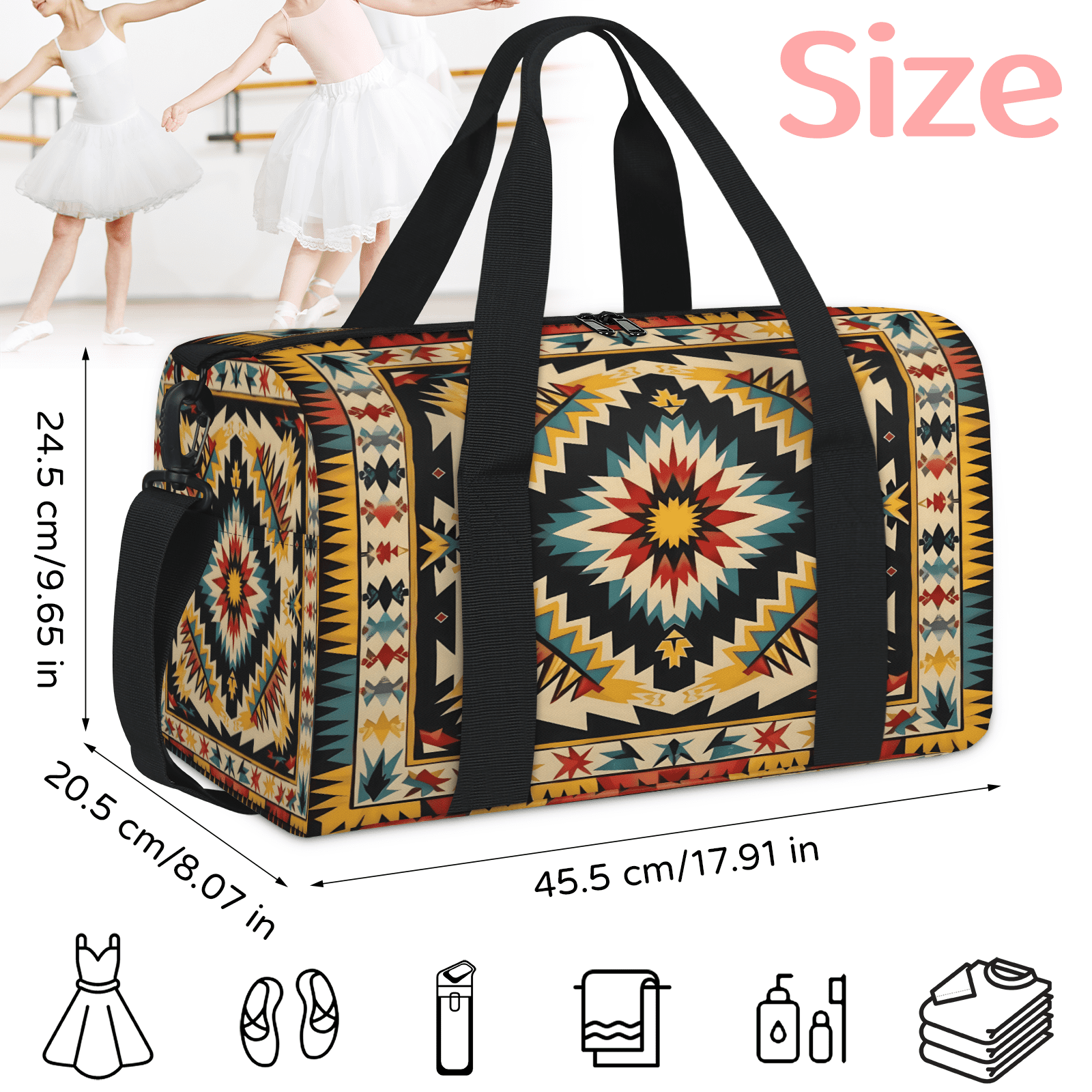 Herdesigns Western Aztec Boho Abstract Gym Bag for Women, Duffle Bag for Travel Sport, Lightweight Waterproof Carry on Weekender Overnight Dance Yoga Workout Bags