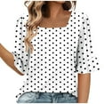 thumbnail image 2 of HOMBOM Tunic Women Tops White Spring Bell Sleeve Polka Dot Square Neck Short Sleeve Shirts S, 2 of 6