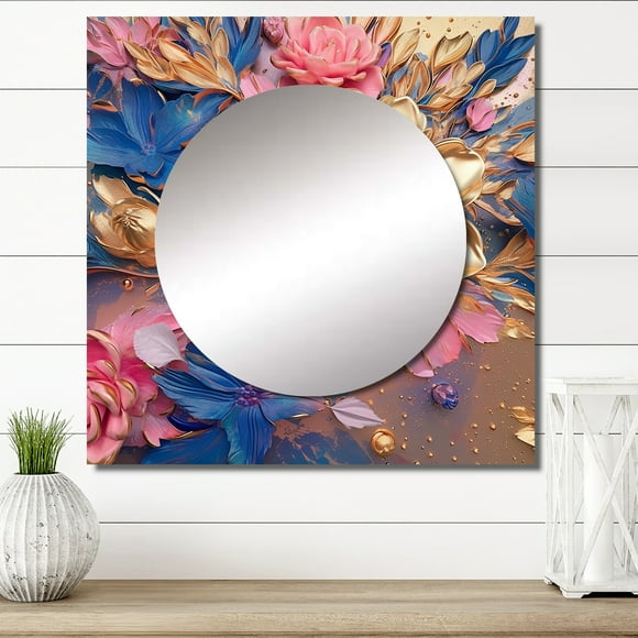 Designart "Pink Peony Surrounded By Gilded Leaves I" POPPIES Gold Large Square Mirror - Square Bedroom Mirror Printed Wall Decor - Traditional Square Printed Wall Mirror Art