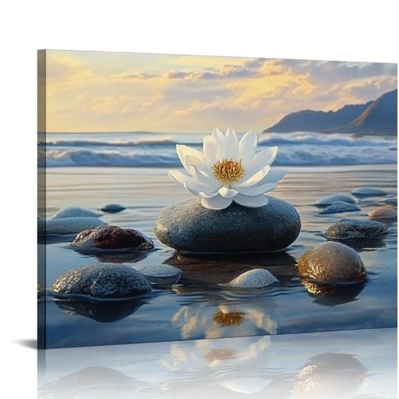 FUMJ Zen Canvas Wall Art white Lotus Flowers and Black Massage Stones Spa Picture Wall Decor for Yoga Meditation Room Bathroom Bedroom Study Home Decoration, Framed, 20x16in