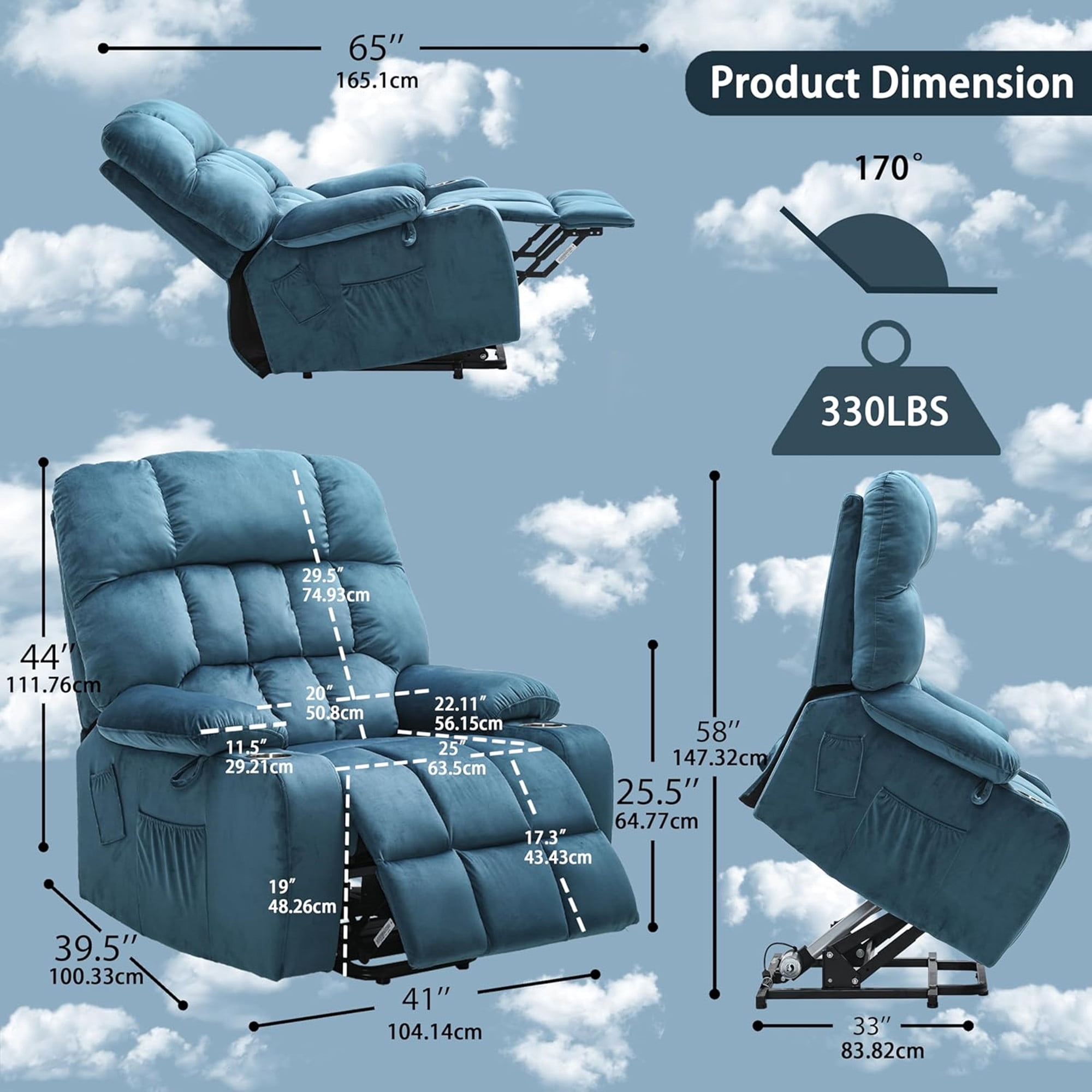 LITVZ Heavy Duty Recliner Chairs with Cup Holders for Adults Big and Tall, Oversized Power Recliner Lift Chair for Elderly, Heat and Massage, Stand Up, Lay Flat 160 Degree Sleeping