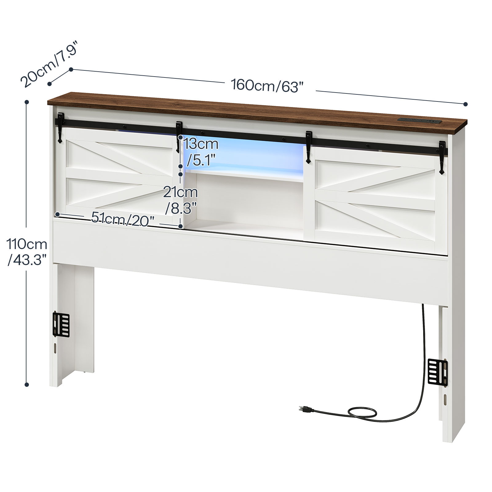 HOOBRO Queen Size Headboard, Headboard with Charging Station and LED Light, 3-Tier Storage Headboard with Outlets and USB Ports, Stylish Headboard, Height Adjustable, White and Walnut WT30UDBH01