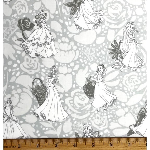 1 Fat Quarter - Disney Princess Line Drawn Gray Cotton Fabric - Snow White Cinderlla & More - 21" X 18"