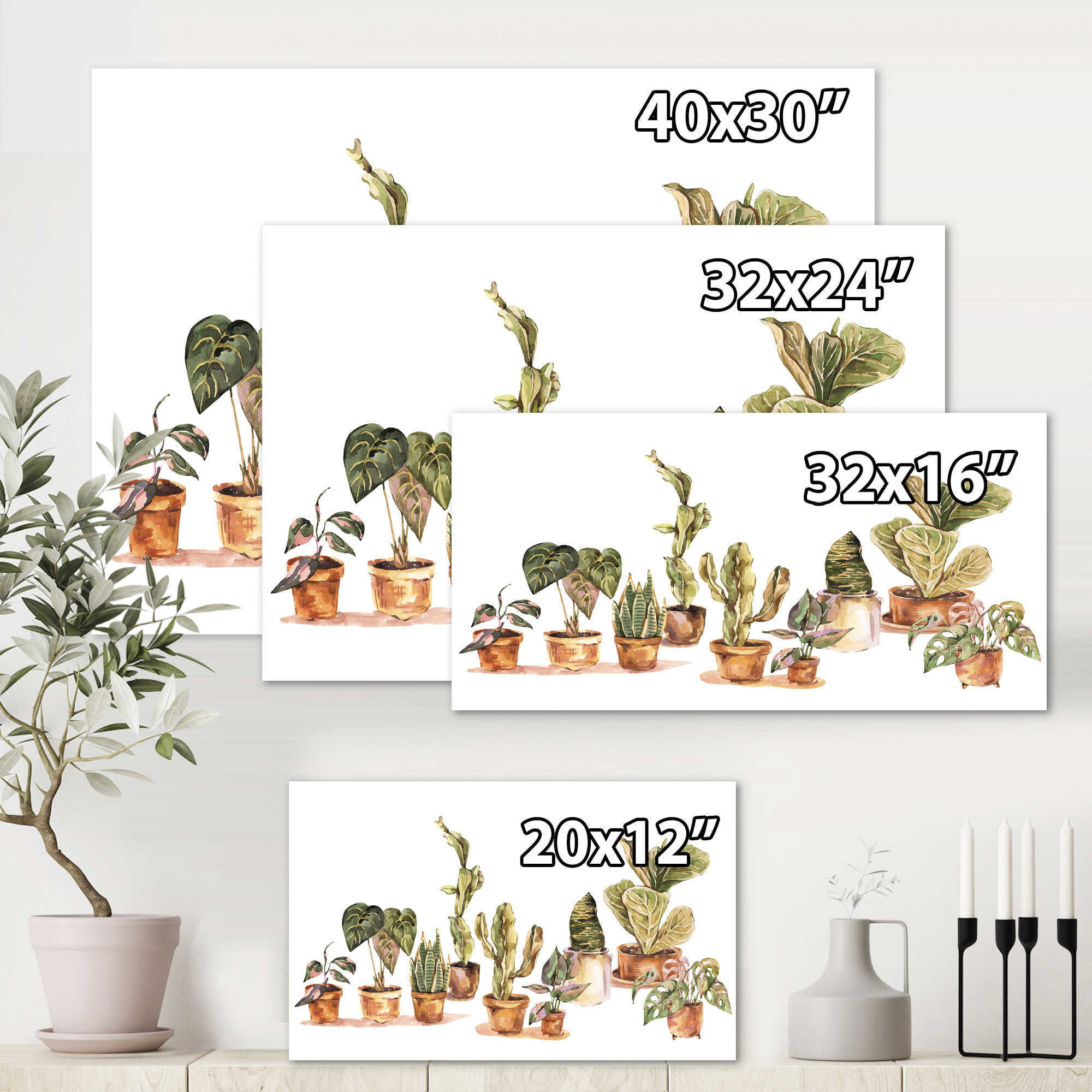 Indoor House Plants Urban Jungle in Flowerpots I 40 in x 30 in Painting Canvas Art Print, by Designart
