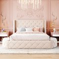 thumbnail image 2 of Beige Upholstered Queen Bed With Wingback Headboard, 1 Big Storage Drawer & 2 Side Stool Size Platform Headboard And Effective, 2 of 6