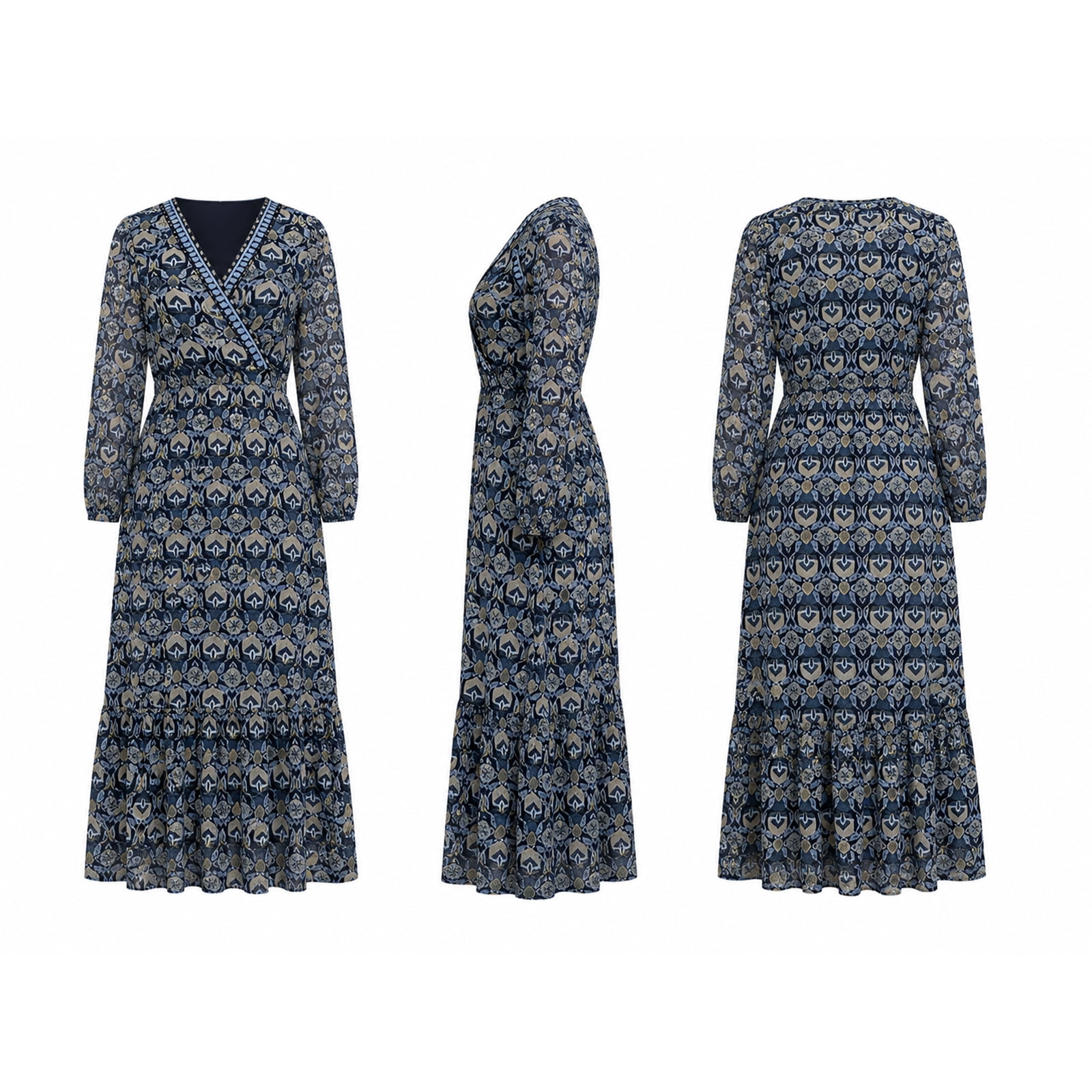 Alvantor Women's Printed Midi Dress, V-Neck Gathered Sleeve Tiered Style, Blue Multi