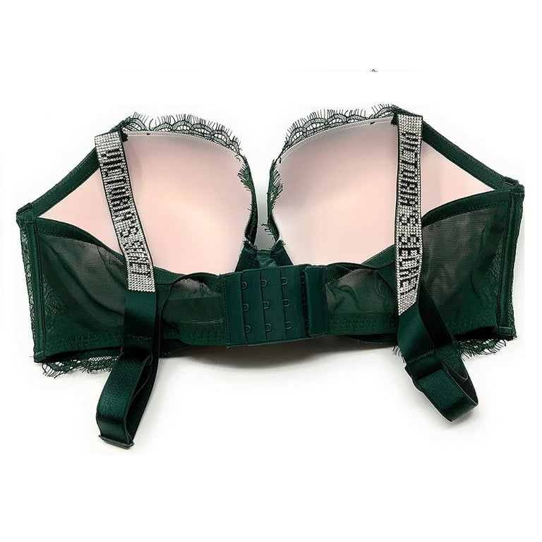 Victoria's Secret Very Sexy Push Up Bra Forest Green Bling Shine Logo  Straps Cup Size 36D New