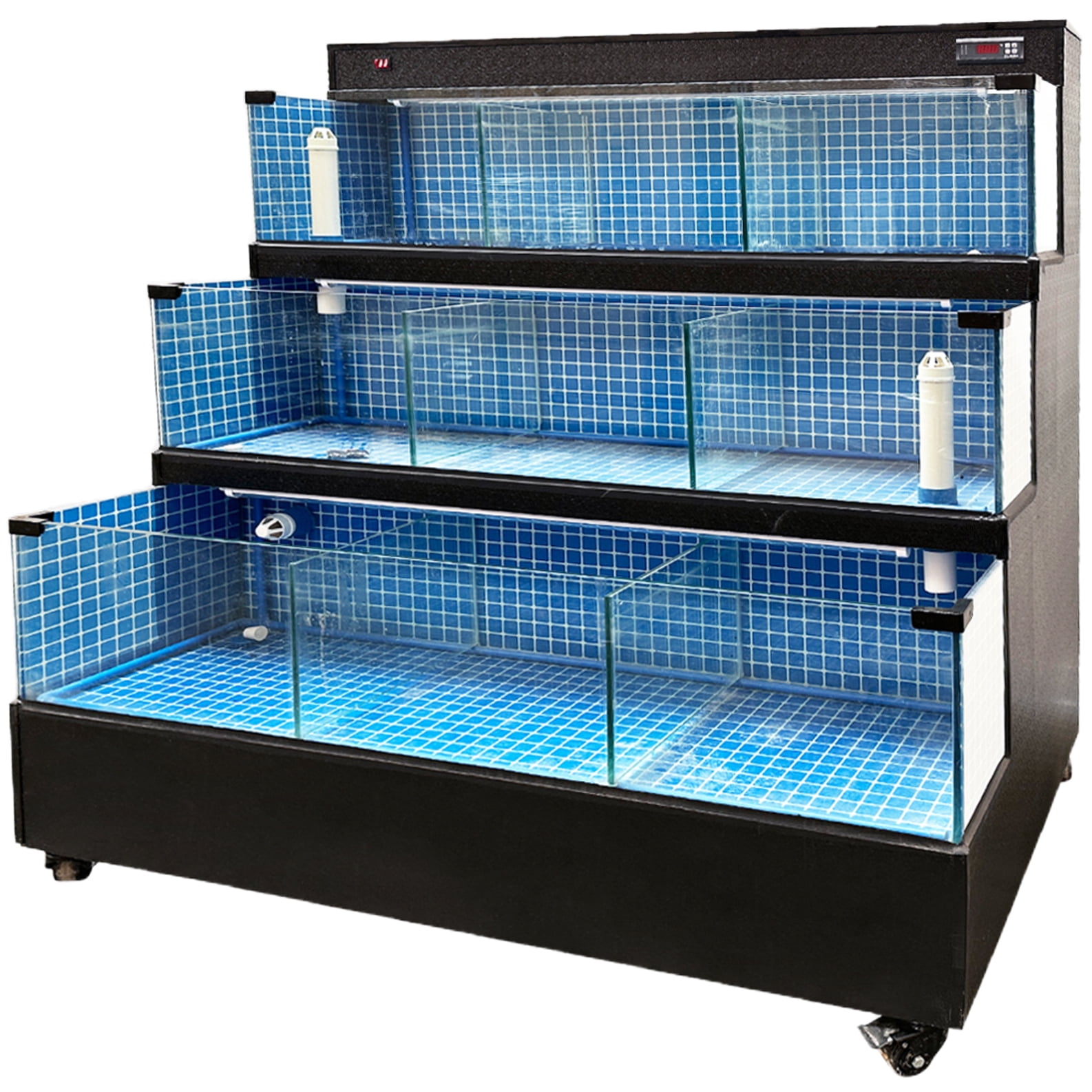 60" Commercial Lobster Seafood Tank, 3-Tier Sea Water Display Aquarium, Live Fish Holding System with Smart Filtration, Blue Mosaic Interior, 220V