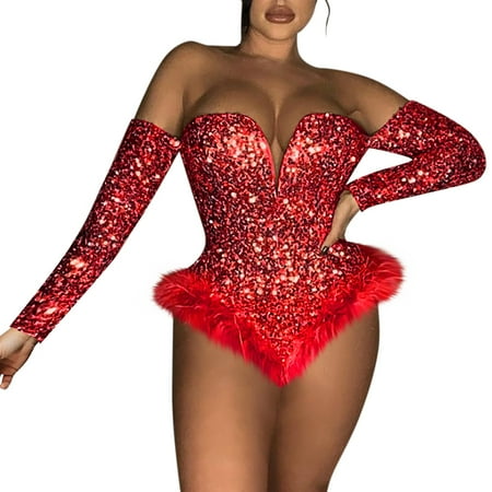 GZWYHT Rompers for Women Women s Jumpsuits Women s Zipper Offshoulder Sequin Velvet Long Sleeve Bodysuit Body Suit Tops Long Sleeve Romper Jumpsuit for Women Red XL