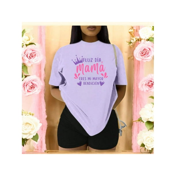 Playera Blusa Mujer De Feliz Día Mamá Eres Mi Mayor Bendición Regalo Día de las Madres Moda Casual Color Lila Talla Extra Grande Marca Emil SaEs