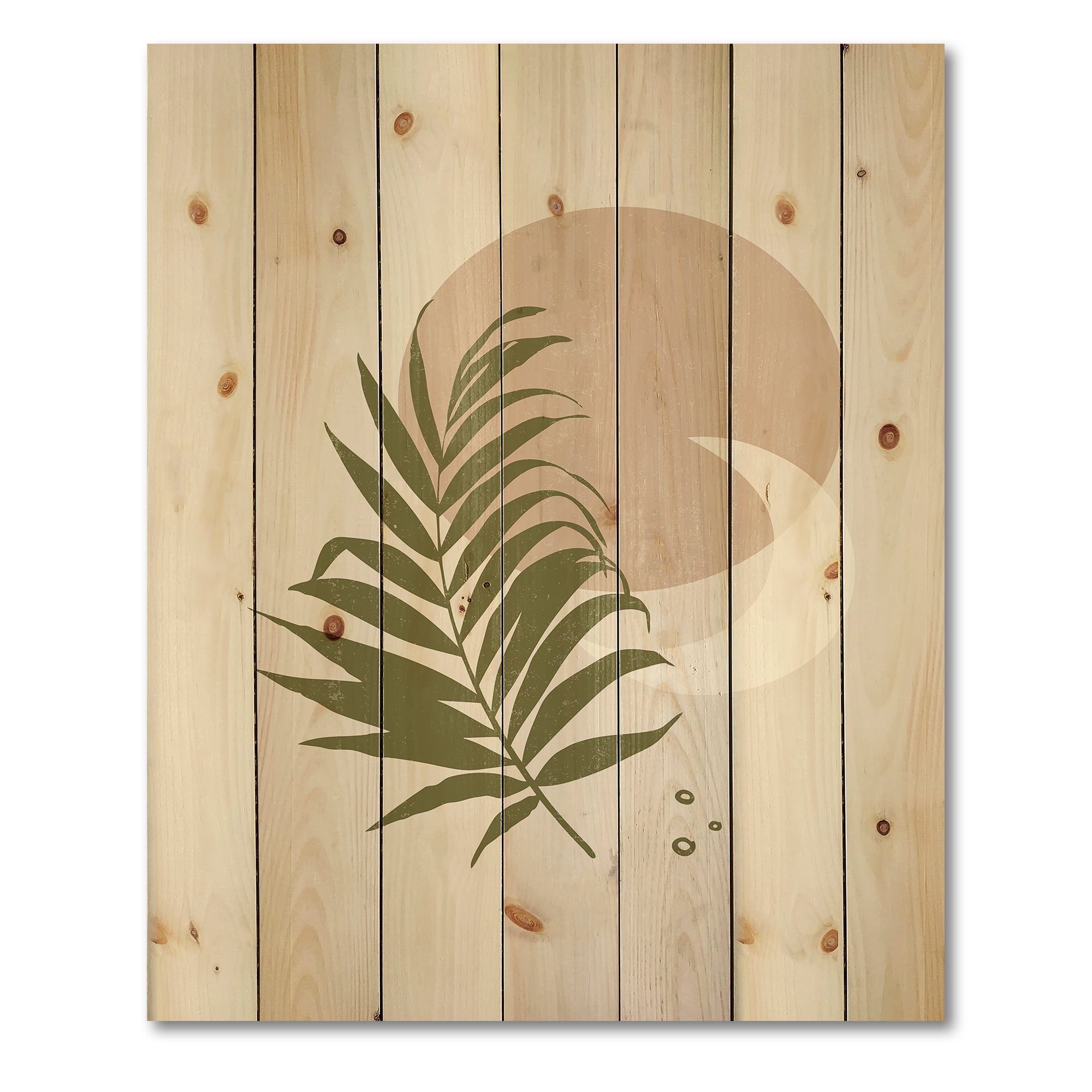 Designart 'Abstract Moon and Sun With Green Leaf II' Modern Print on Natural Pine Wood