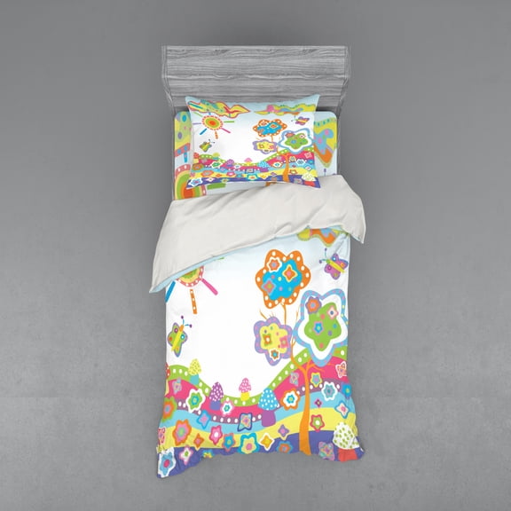 Ambesonne Cartoon Bedding Set 3 Pcs, Drawing Hill, Twin, Multicolor