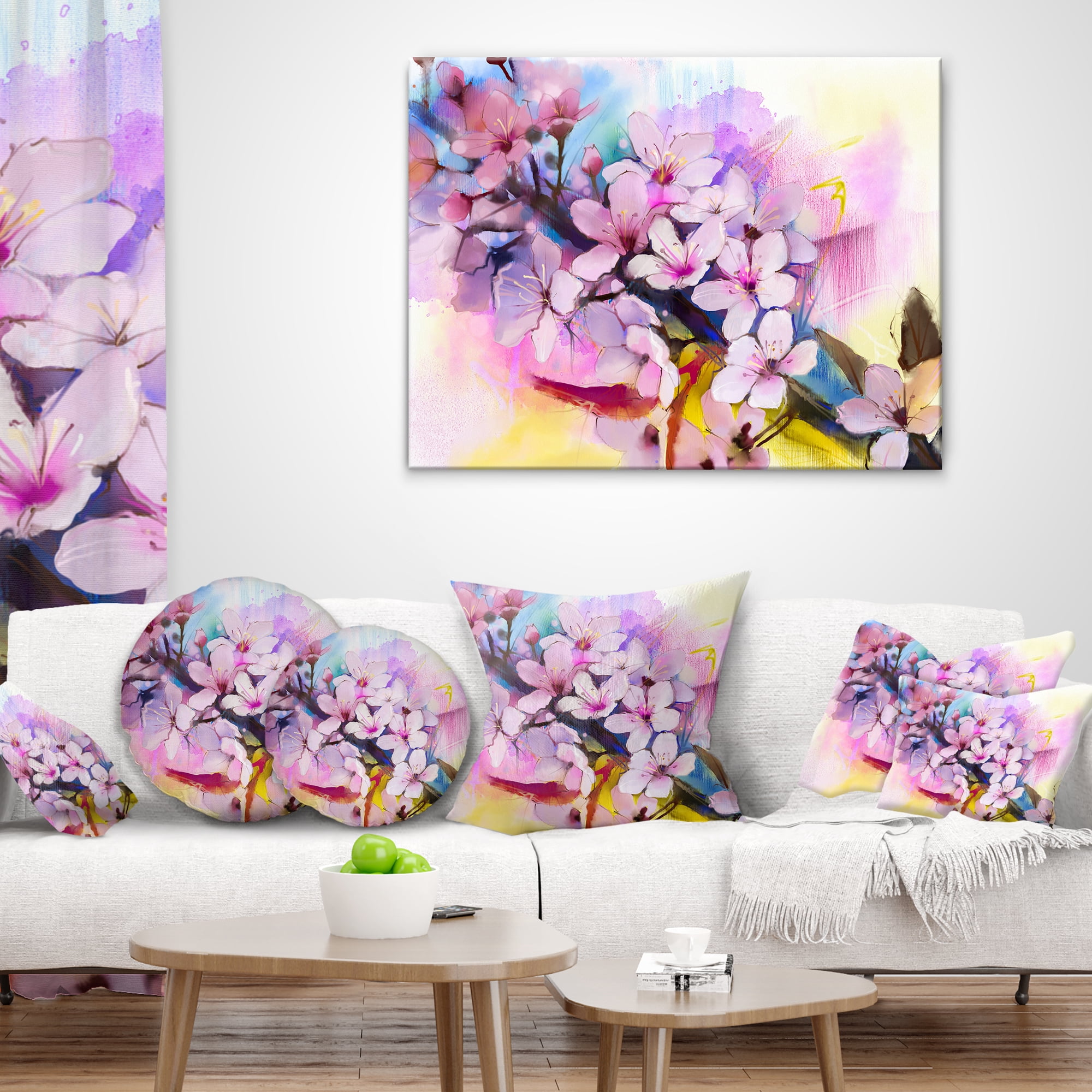 Designart Japanese Cherry Blossoms Watercolor - Floral Throw Pillow - 12x20