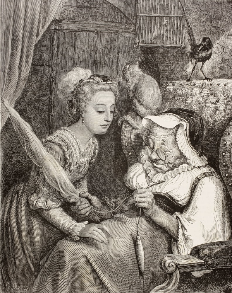 Scene From Sleeping Beauty By Charles Perrault The Princess Finds An Old Woman Spinning Not Knowing She Is Really The Wicked Fairy In Disguise After A Work By Gustave Dore From El Mundo Ilustrado Publ