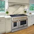 thumbnail image 2 of Akicon 48" Slide-in Freestanding Professional Style Gas Range with 6.7 Cu. Ft. Oven, 8 Burners, Convection Fan, Cast Iron Grates, & Blue Porcelain Oven Interior, In Stainless Steel with Gold, 2 of 6