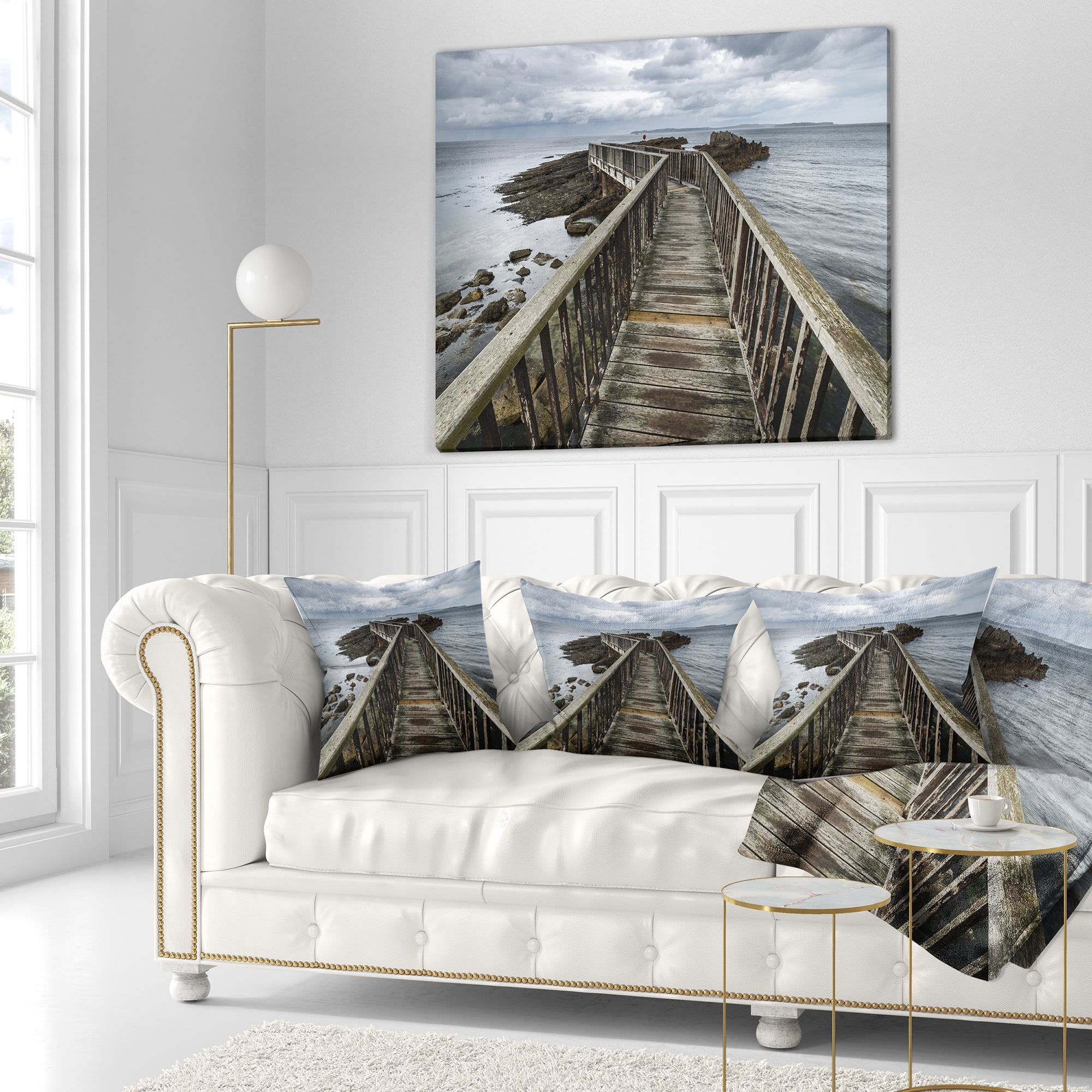 Designart Wooden Pier on North Irish Coastline - Sea Bridge Throw Pillow - 16x16
