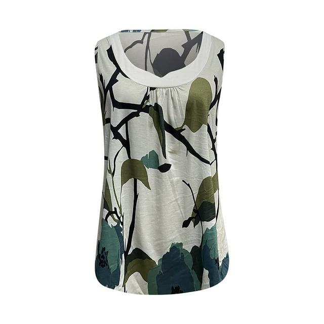 Bellella Débardeurs pour Femmes Sans Manches Haut d'Été Imprimé Floral T-Shirts Sexy Col Rond Pull Blouse Bleu Vert S