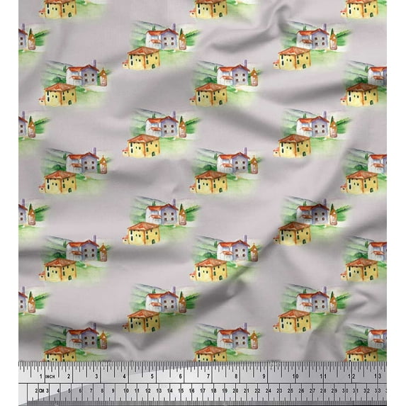 Soimoi Gray Cotton Voile Fabric House & Landscape Nature Print Fabric by the Yard 56 Inch Wide