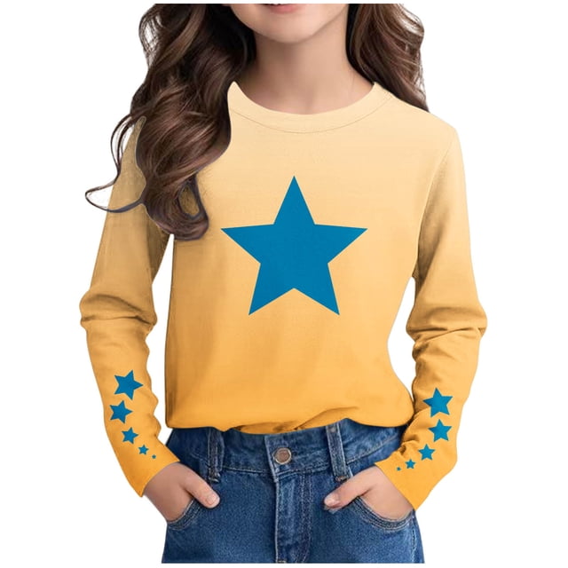 LOVZFMLL Hauts pour Petites Filles, T-Shirt à Manches Longues à Col Rond Polyvalent Décontracté à Imprimé d'Étoiles Ombrées, Vêtements d'Automne 9-10 Ans Vêtements pour Filles