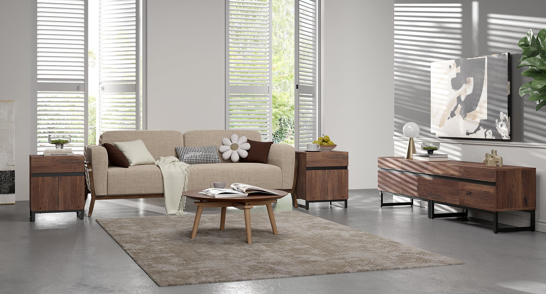 Modern 3-Piece Living Room Set, 71 Inch TV Stand And 2 End Table Sets With Drawers, Media Console with Storage Shelves, Sturdy Wood Frame & Metal Legs, Contemporary Furniture for Living Room,Brown