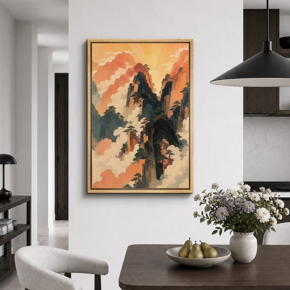 Framed Canvas Print Misty Mountain Peaks Wall Art Asian Artwork Decoration for Living Room Bedroom - 16"x24" NATURAL Frame