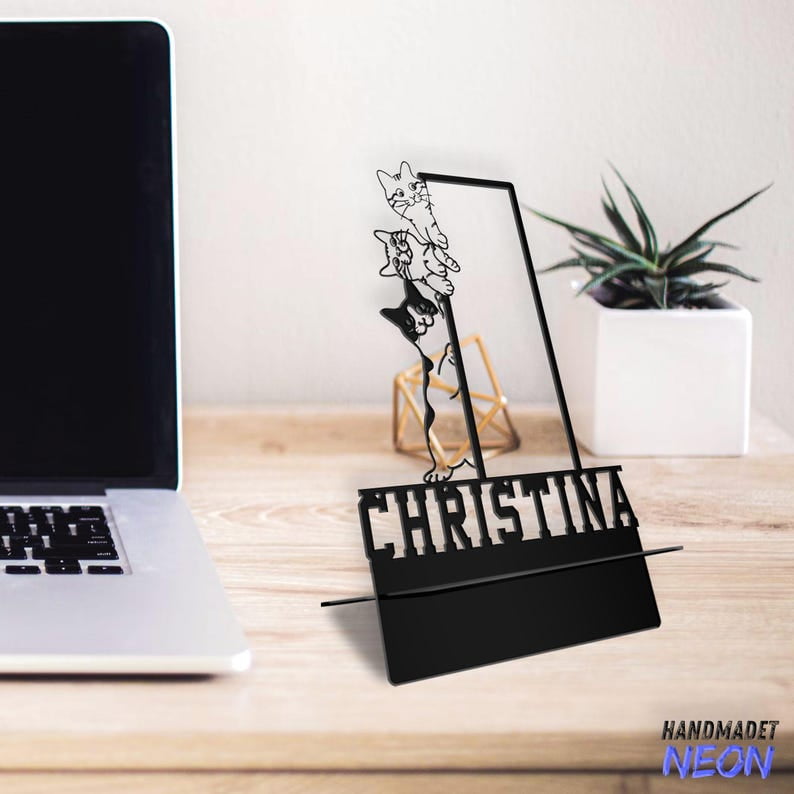 Handmadetneonsign Cute Cat Phone Stand, Funny Cat Metal Cell Phone Desk, Phone Holder 95293