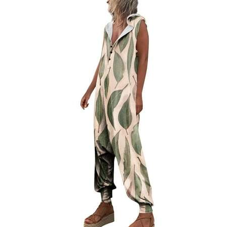 

Jsezml Womens Summer Jumpsuits Casual Loose Fit Wide Leg Overalls Cute Leaf Print Sleeveless Rompers