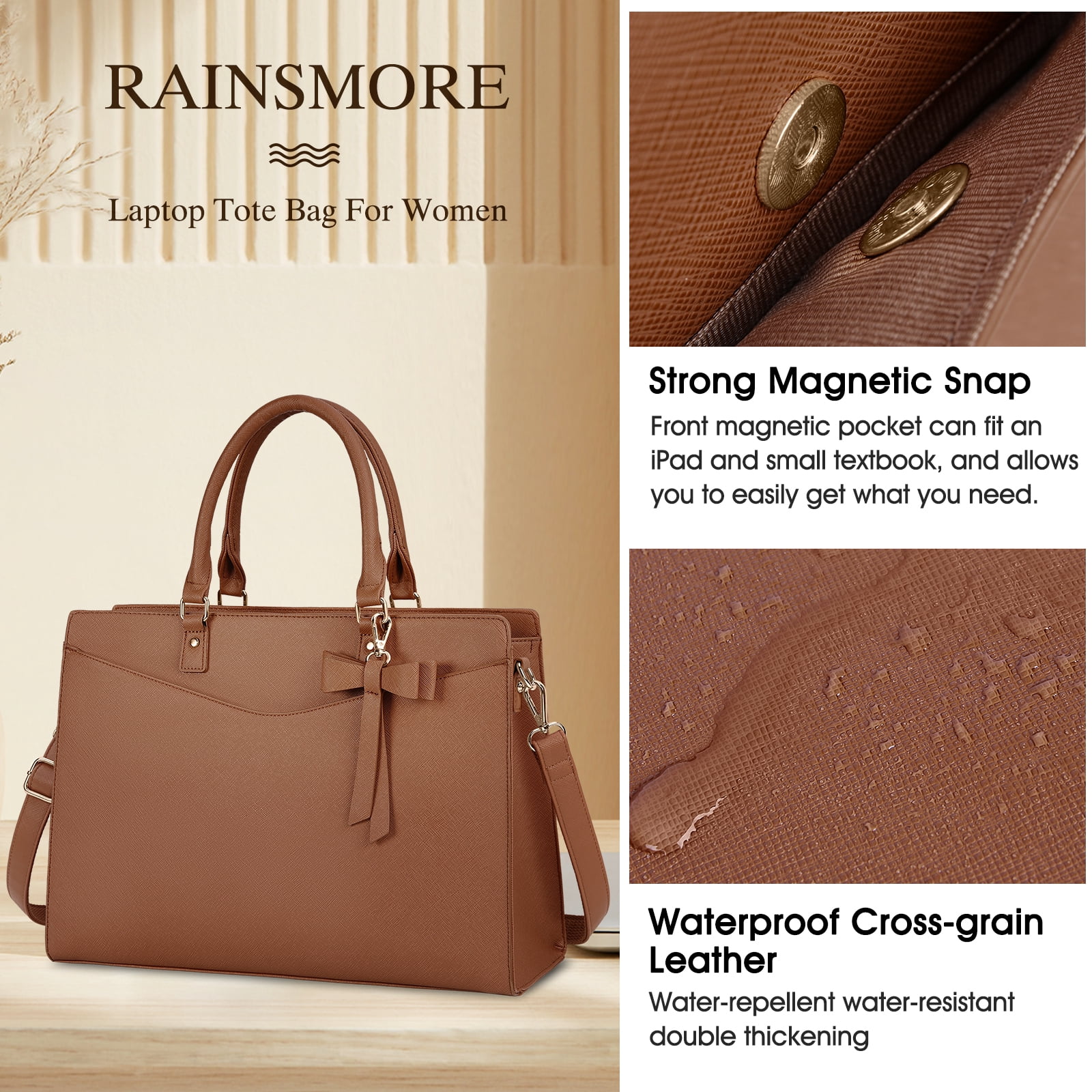 RAINSMORE Laptop Bag for Women 15.6 Inch Laptop Briefcase PU Tote Bag Waterproof Computer Tote Bag for Business Office Work Lightweight Shoulder Handbag,Dark Brown