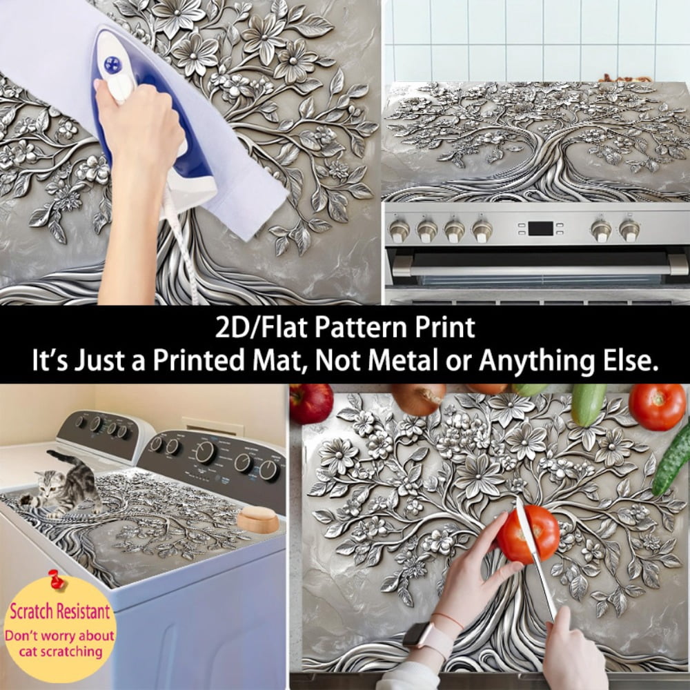 1 2D/flat stove cover protection pad, silver embossed wind flower branch leaf tree pattern design, 28.3x20.5 inches (72×52cm), easy to clean, perfectly suitable for any kitchen, washing machine, drye