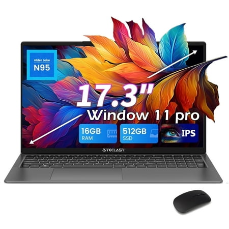 TECLAST 17.3" Windows 11 Pro Laptop 16GB RAM 512GB SSD with with Intel N95 Processor(up to 3.4Ghz), WiFi 6/BT 5.0, 1600x900 IPS Screen, FingerPrint, Backlit Keyboard