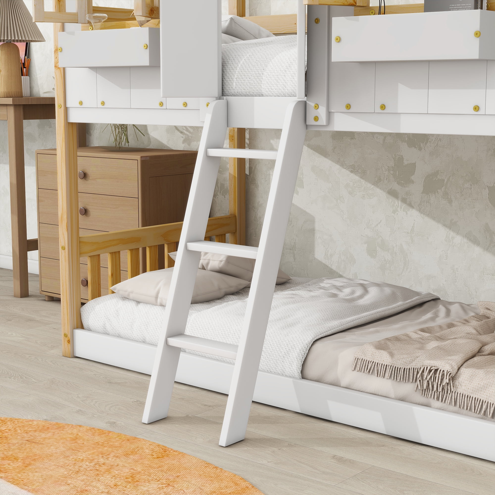 Leumius Twin over Twin Floor Bunk Bed with Ladder and Guardrails, House-Shaped-Bunk Bed with Window and Door for Boys Girls Natural+White