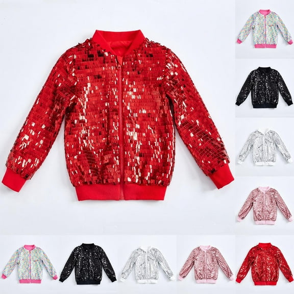 Mwjwdo Girls Sparkle Sequin Bomber Jacket Kids Toddler Glitter Shiny Zip Up Metallic Coat Hip Hop Jazz Outwear for Carnival Black XXXL