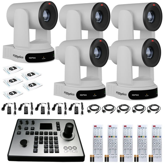 5 x PTZOptics Move 4K SDI/HDMI/USB/IP PTZ Camera with 30x Optical Zoom (White) (PT30X-4K-WH-G3)   PTZOptics PT-JOY-G4 Joystick Controller