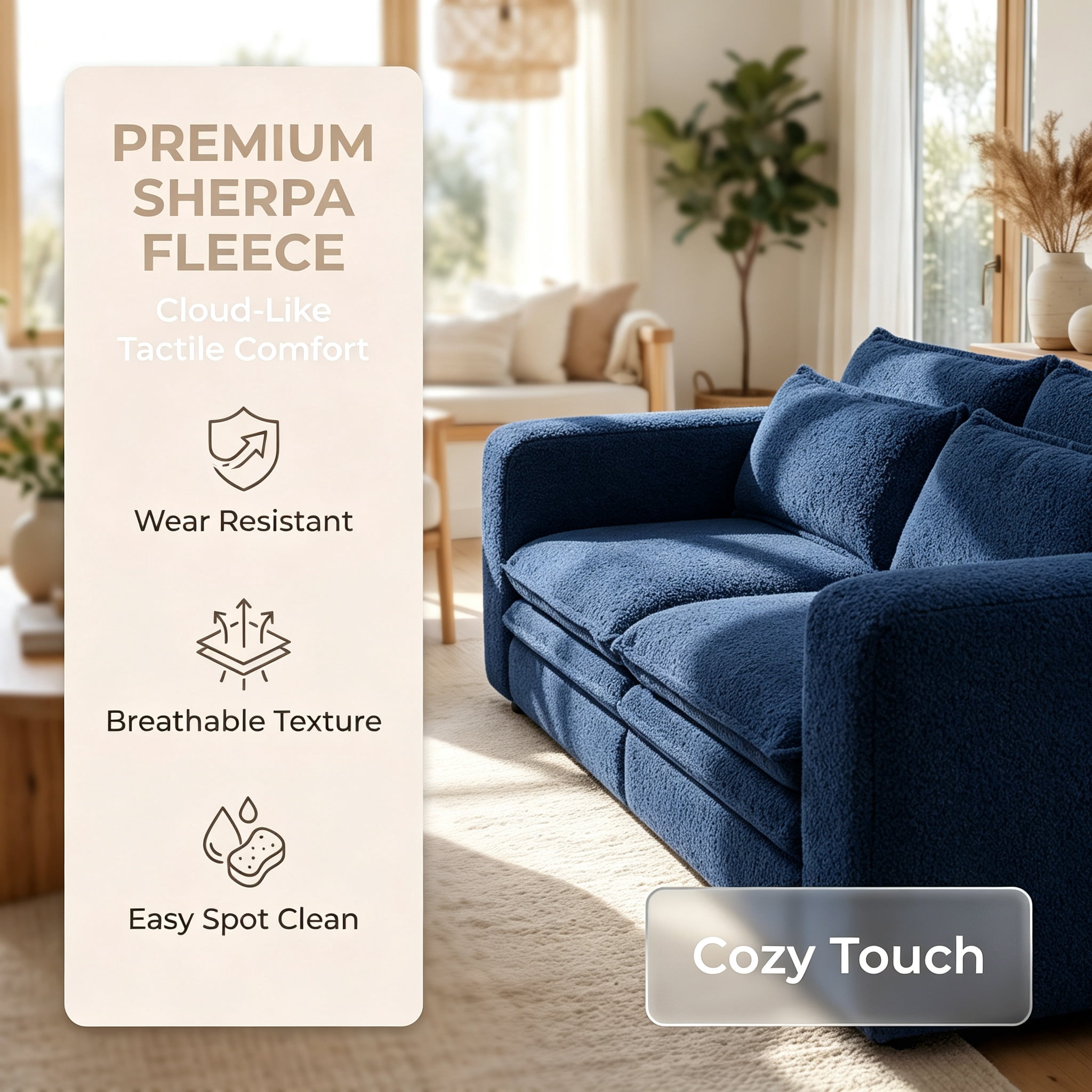 3-in-1 King Size Sleeper Sofa Bed, 93" Sherpa Fleece Pull Out Couch with Wide Armrests & Deep Seat, Modern Convertible Futon Lounge Sofa with 2 Pillows, Blue