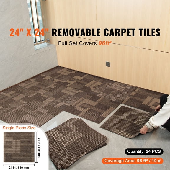 Carpet Tiles Reusable, 24"x 24"Carpet Squares With Padding Attached, Soft Padded Carpet Tiles, Easy Install DIY for Bedroom Living Room (24Tiles, Mixed Brown)
