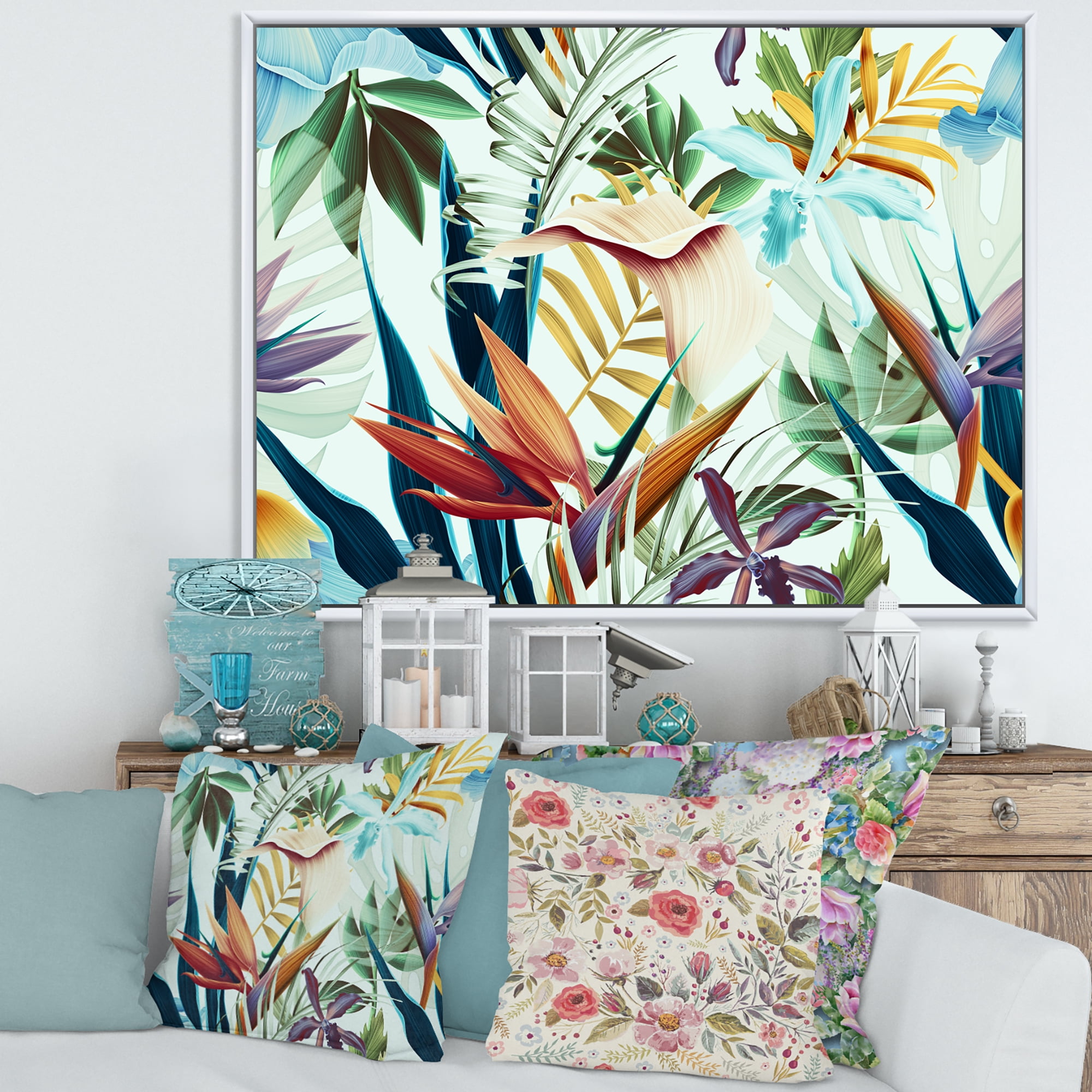 Designart 'VIntage Tropical Flowers I' Tropical Framed Canvas Wall Art Print