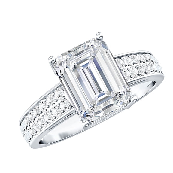 Rosec Jewels Moissanite Emerald Cut Engagement Ring with Side Stones - 7X9 mm - 2 Carat Ring - D-VS1 Quality Certified, 925 Sterling Silver, US 4.00