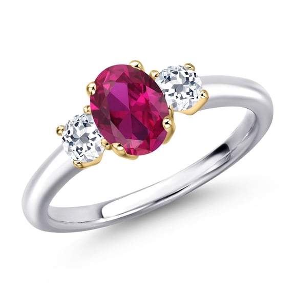 Gem Stone King 925 Silver and 10K Yellow Gold Red Created Ruby and White Topaz Engagement Ring for Women | 1.28 Cttw | Oval 7X5MM | Gemstone July Birthstone | Size 7