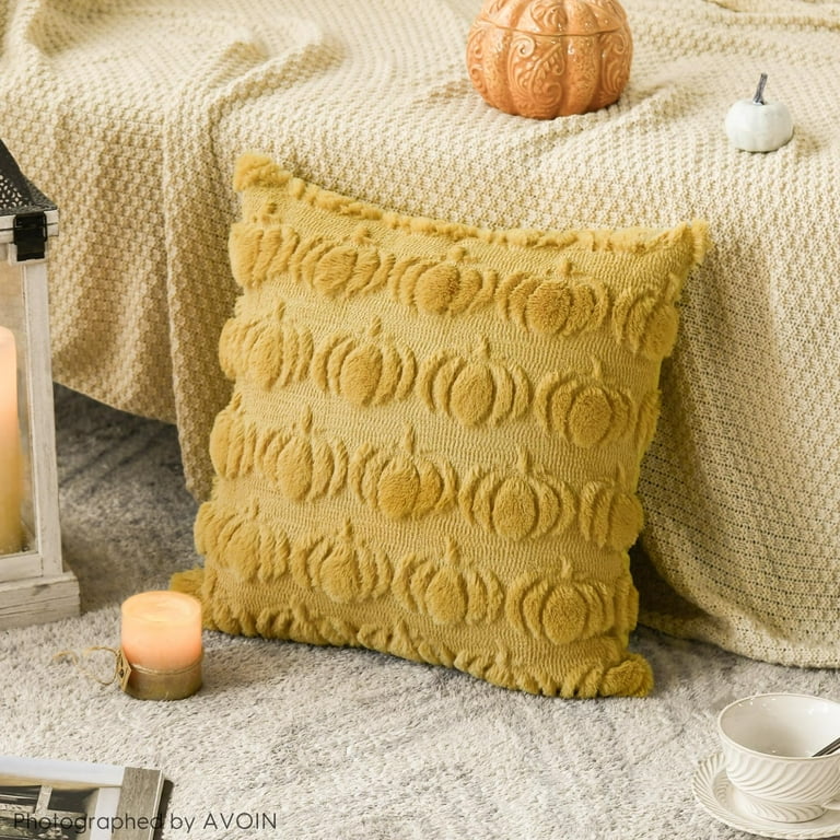 LOMCHEN Fall Embroidered Pumpkin Pillow Covers - 18x18 Inch Set Of 2, Plush Faux Fur