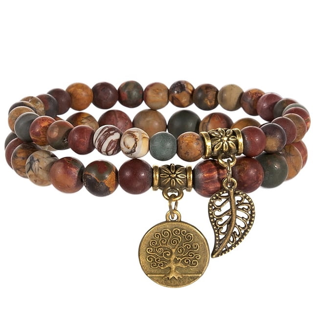 Pulsera de piedras naturales - Pulsera de perlas naturales para mujer - Juego de dos pulseras con accesorios de árbol de la vida y hojas Zefei Wu 9024735035091