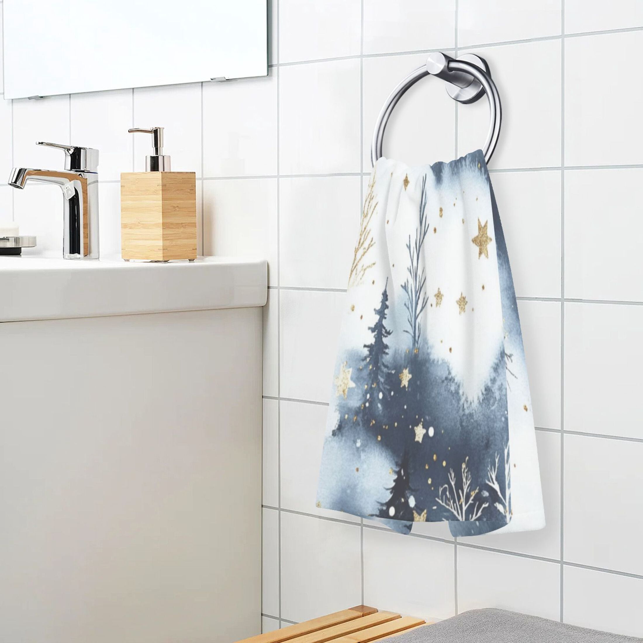 2 Pcs Absorbent Face Towel Bath Hand Towels Soft Breathable Cotton Towel Set for Bathroom Kitchen Hotel Spa Decor Watercolor Winter Wonderland Pattern