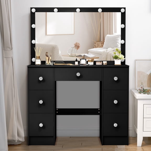 Jarbalai Black Makeup Vanity Desk with Lighted Mirror, 7 Drawers, Dressing Table Set with 11 LED Bulbs for Women Girls Room