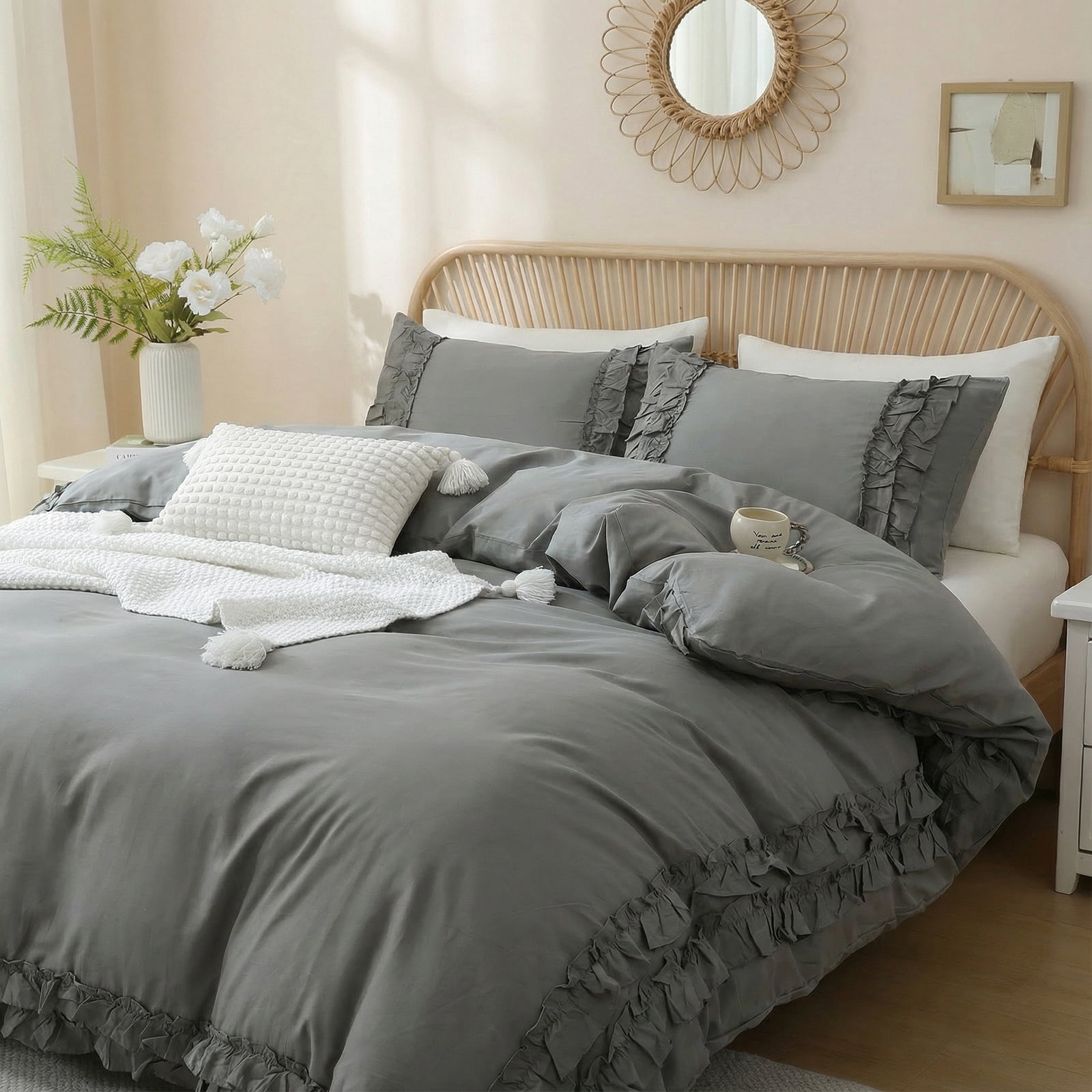 100% Cotton Ruffled Comforter Set Queen, White Shabby Chic Farmhouse Bedding Set French Country Cute Comforter Set