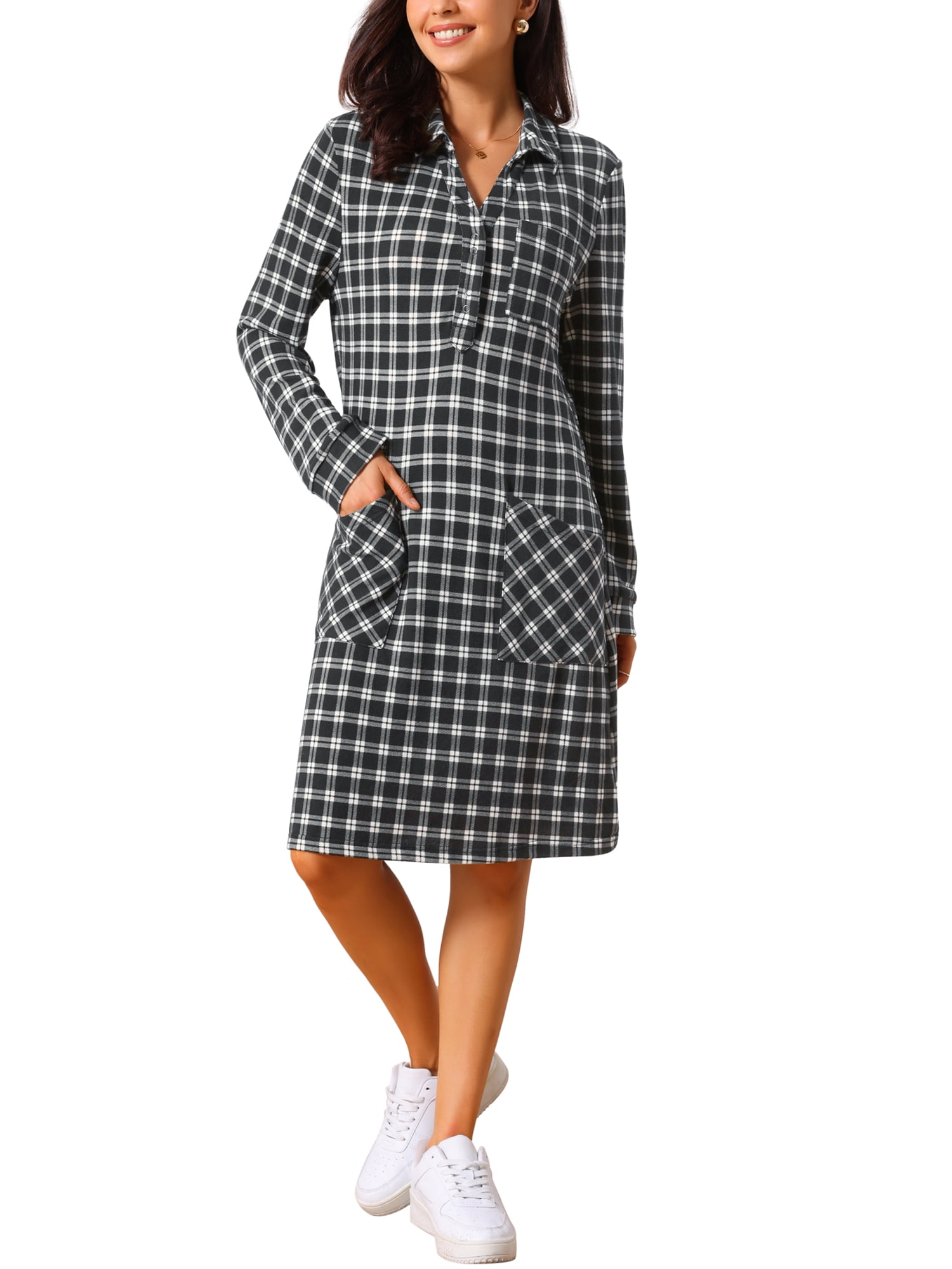 DARING DIVA Women's Vintage Plaid Long Sleeve Casual Knee Length Dress S Black