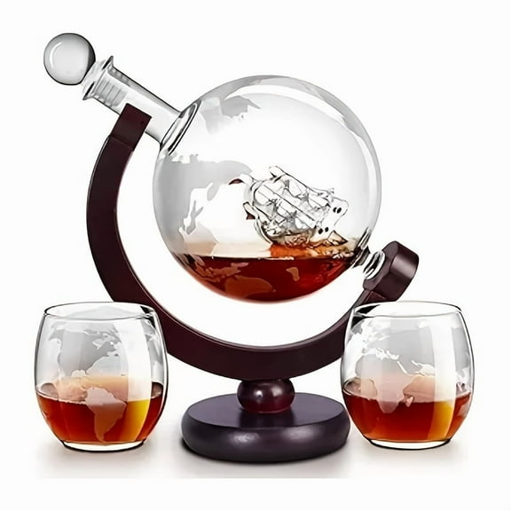 Whiskey Decanter Set: 27oz Globe & 44oz Sailboat with 10oz Etched Glasses | Gift for Birthdays, Weddings, Anniversaries, Engagements, Retirements